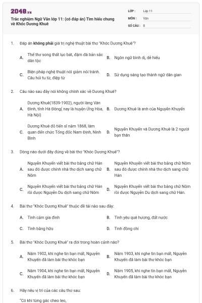 Trắc nghiệm Ngữ Văn lớp 11: (có đáp án) Tìm hiểu chung về Khóc Dương Khuê