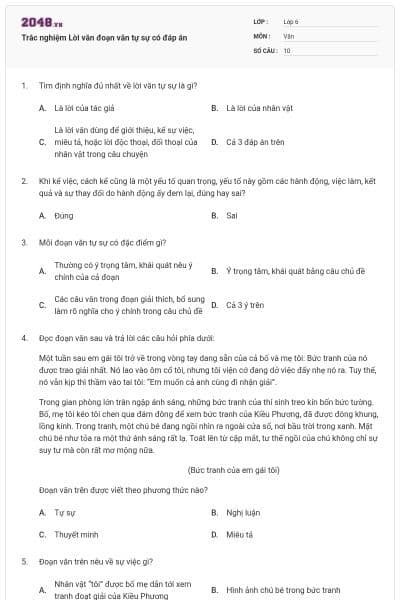 Trắc nghiệm Lời văn đoạn văn tự sự có đáp án