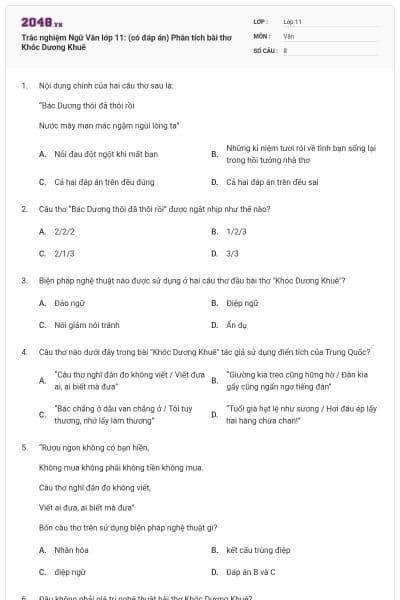 Trắc nghiệm Ngữ Văn lớp 11: (có đáp án) Phân tích bài thơ Khóc Dương Khuê