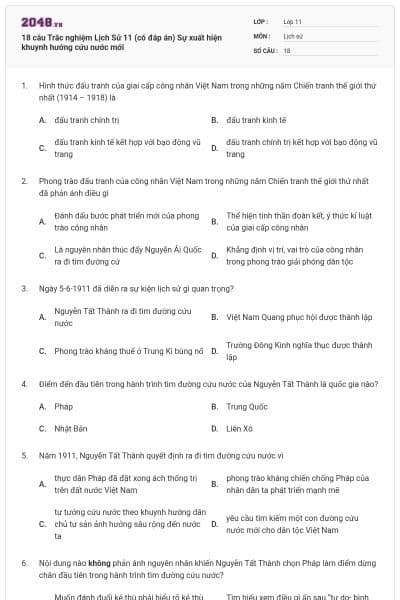 18 câu Trắc nghiệm Lịch Sử 11 (có đáp án) Sự xuất hiện khuynh hướng cứu nước mới