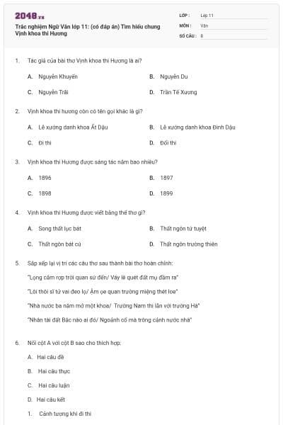 Trắc nghiệm Ngữ Văn lớp 11: (có đáp án) Tìm hiểu chung Vịnh khoa thi Hương