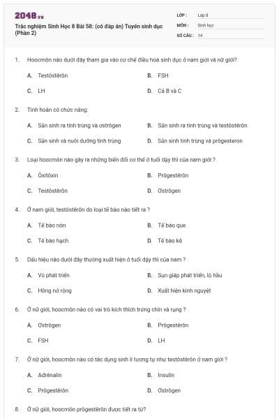Trắc nghiệm Sinh Học 8 Bài 58: (có đáp án) Tuyến sinh dục (Phần 2)