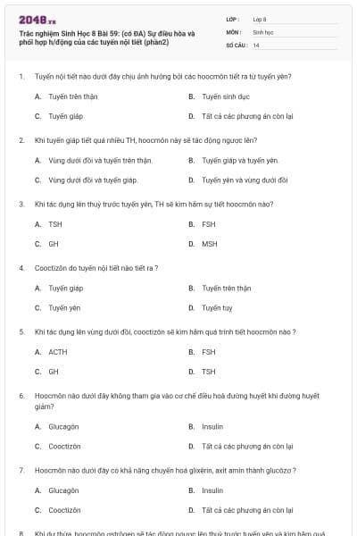Trắc nghiệm Sinh Học 8 Bài 59: (có ĐA) Sự điều hòa và phối hợp h/động của các tuyến nội tiết (phần2)