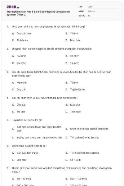 Trắc nghiệm Sinh Học 8 Bài 60: (có đáp án) Cơ quan sinh dục nam (Phần 2)
