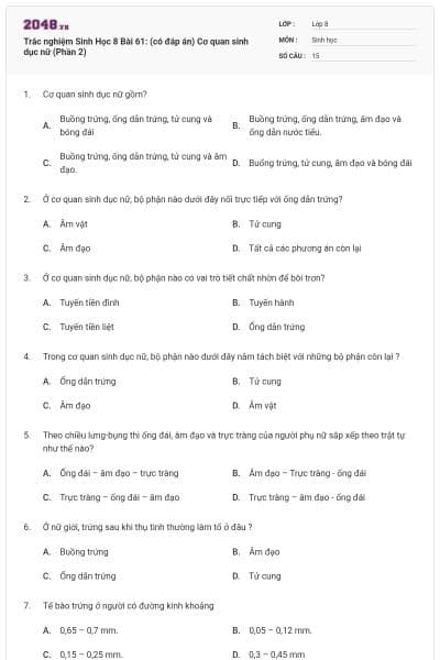 Trắc nghiệm Sinh Học 8 Bài 61: (có đáp án) Cơ quan sinh dục nữ (Phần 2)