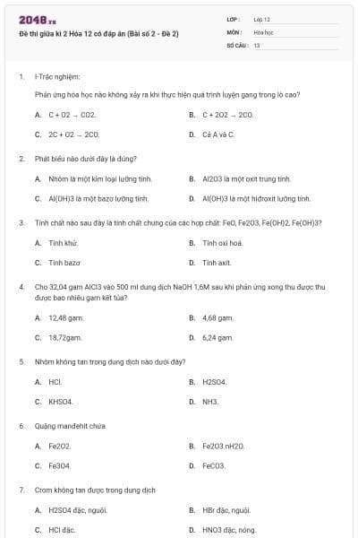 Đề thi giữa kì 2 Hóa 12 có đáp án (Bài số 2 - Đề 2)
