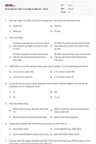 Đề thi giữa kì 2 Hóa 12 có đáp án (Bài số 2 - Đề 3)
