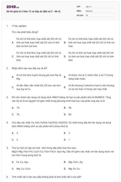 Đề thi giữa kì 2 Hóa 12 có đáp án (Bài số 2 - Đề 4)