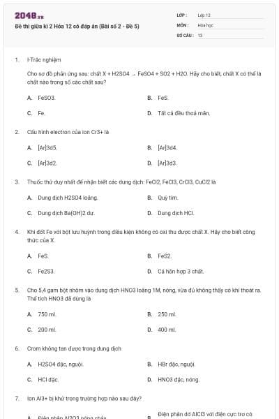 Đề thi giữa kì 2 Hóa 12 có đáp án (Bài số 2 - Đề 5)