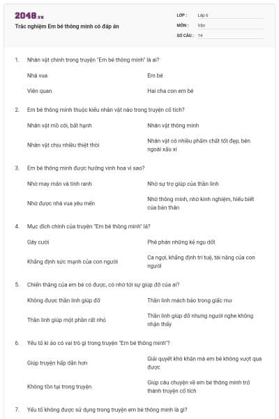 Trắc nghiệm Em bé thông minh có đáp án