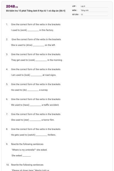 Đề kiểm tra 15 phút Tiếng Anh 8 Học kì 1 có đáp án (Đề 4)