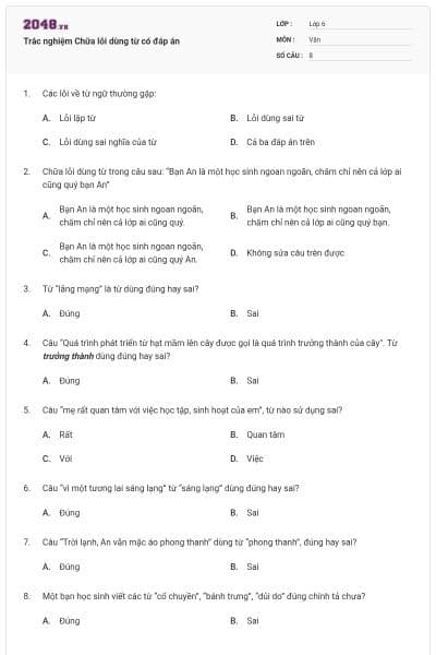 Trắc nghiệm Chữa lỗi dùng từ có đáp án