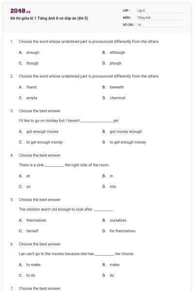 Đề thi giữa kì 1 Tiếng Anh 8 có đáp án (Đề 5)