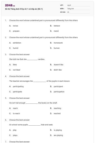 Đề thi Tiếng Anh 8 Học kì 1 có đáp án (Đề 1)