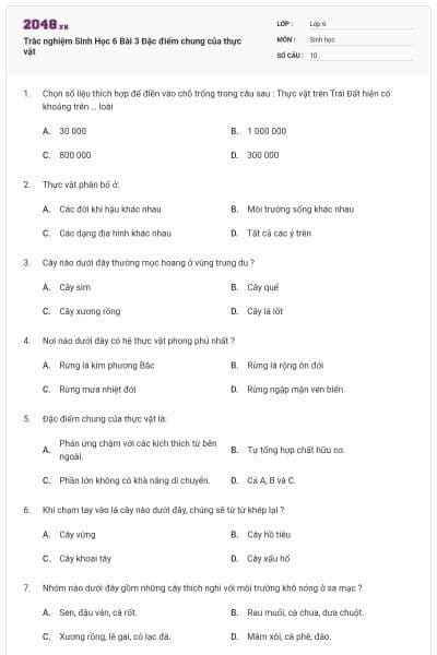 Trắc nghiệm Sinh Học 6 Bài 3 Đặc điểm chung của thực vật