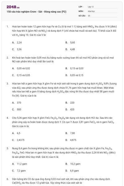 150 câu trắc nghiệm Crom - Sắt - Đồng nâng cao (P2)
