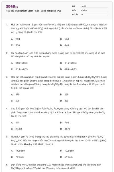 150 câu trắc nghiệm Crom - Sắt - Đồng nâng cao (P2)
