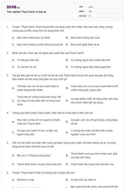 Trắc nghiệm Thạch Sanh có đáp án