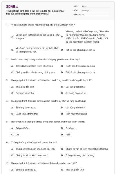 Trắc nghiệm Sinh Học 8 Bài 63: (có đáp án) Cơ sở khoa học của các biện pháp tránh thai (Phần 2)