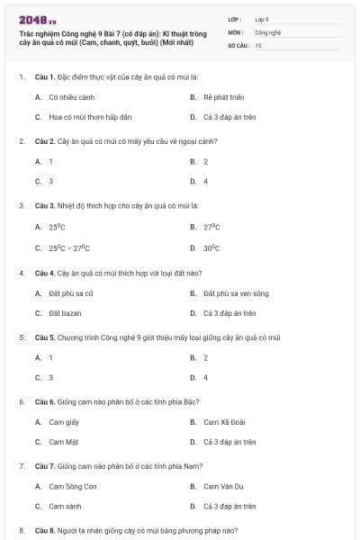 Trắc nghiệm Công nghệ 9 Bài 7 (có đáp án): Kĩ thuật trồng cây ăn quả có múi (Cam, chanh, quýt, bưởi) (Mới nhất)