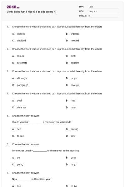 Đề thi Tiếng Anh 8 Học kì 1 có đáp án (Đề 4)