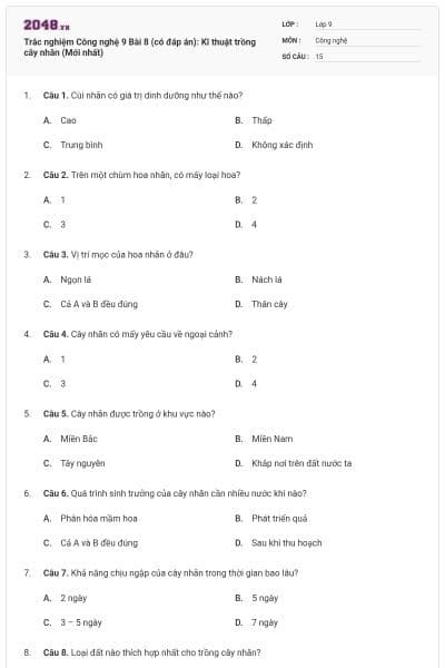 Trắc nghiệm Công nghệ 9 Bài 8 (có đáp án): Kĩ thuật trồng cây nhãn (Mới nhất)