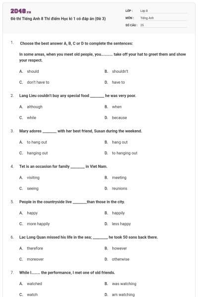 Đề thi Tiếng Anh 8 Thí điểm Học kì 1 có đáp án (Đề 3)