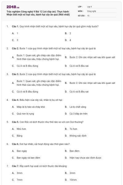 Trắc nghiệm Công nghệ 9 Bài 12 (có đáp án): Thực hành: Nhận biết một số loại sâu, bệnh hại cây ăn quả (Mới nhất)