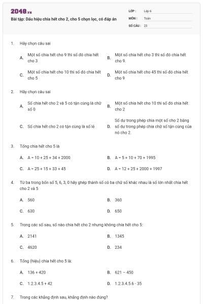 Bài tập: Dấu hiệu chia hết cho 2, cho 5 chọn lọc, có đáp án