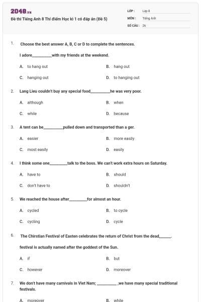 Đề thi Tiếng Anh 8 Thí điểm Học kì 1 có đáp án (Đề 5)