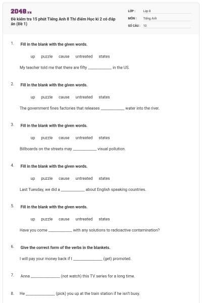Đề kiểm tra 15 phút Tiếng Anh 8 Thí điểm Học kì 2 có đáp án (Đề 1)