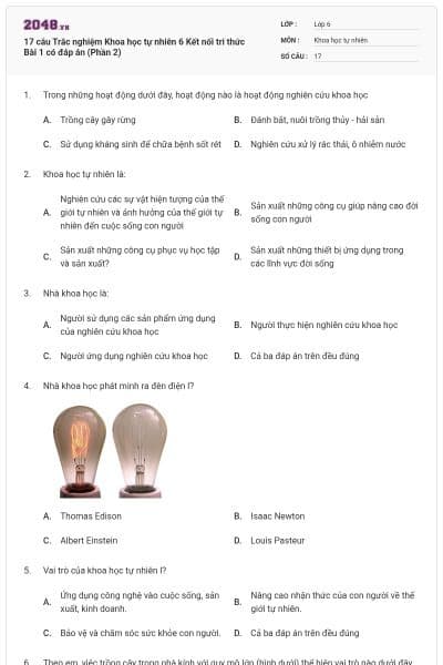 17 câu Trắc nghiệm Khoa học tự nhiên 6 Kết nối tri thức Bài 1 có đáp án (Phần 2)