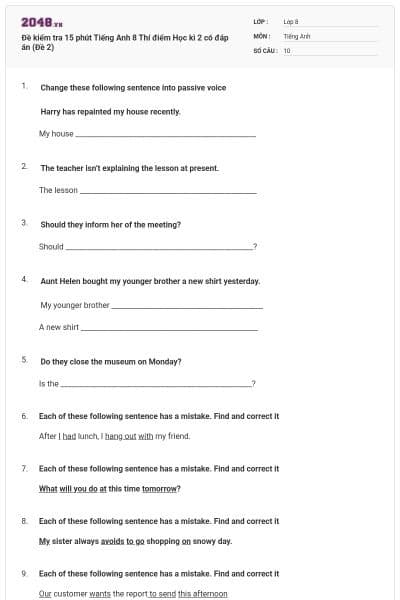 Đề kiểm tra 15 phút Tiếng Anh 8 Thí điểm Học kì 2 có đáp án (Đề 2)