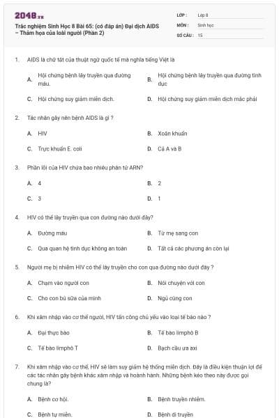 Trắc nghiệm Sinh Học 8 Bài 65: (có đáp án) Đại dịch AIDS – Thảm họa của loài người (Phần 2)