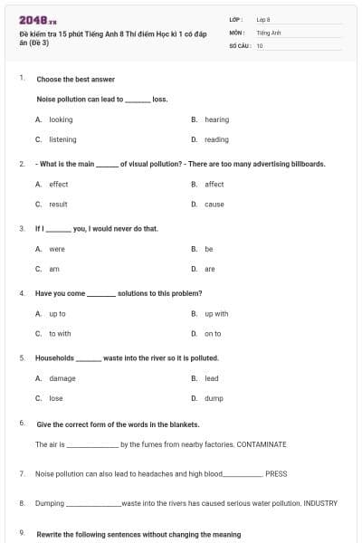 Đề kiểm tra 15 phút Tiếng Anh 8 Thí điểm Học kì 1 có đáp án (Đề 3)