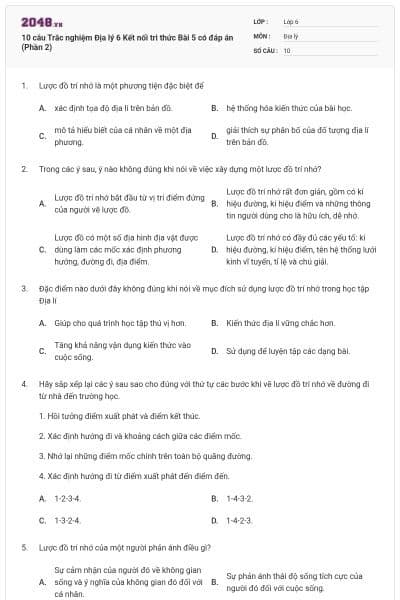 10 câu Trắc nghiệm Địa lý 6 Kết nối tri thức Bài 5 có đáp án (Phần 2)