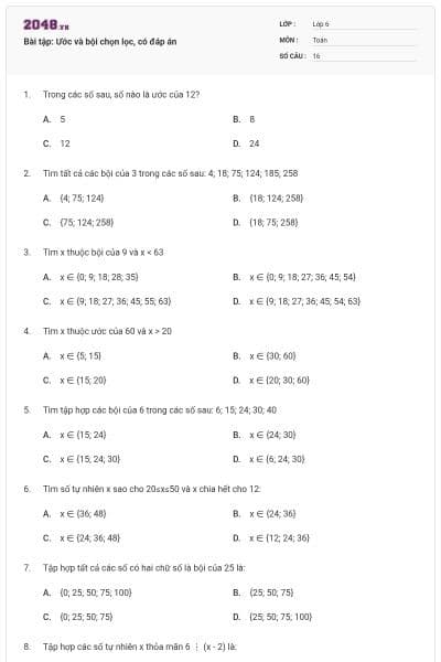 Bài tập: Ước và bội chọn lọc, có đáp án