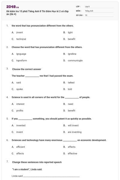 Đề kiểm tra 15 phút Tiếng Anh 8 Thí điểm Học kì 2 có đáp án (Đề 4)