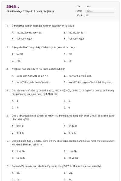 Đề thi Hóa học 12 Học kì 2 có đáp án (Đề 1)