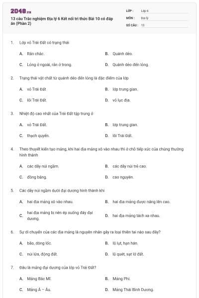 13 câu Trắc nghiệm Địa lý 6 Kết nối tri thức Bài 10 có đáp án (Phần 2)