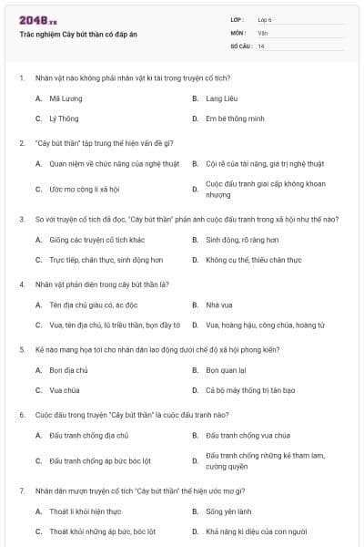 Trắc nghiệm Cây bút thần có đáp án