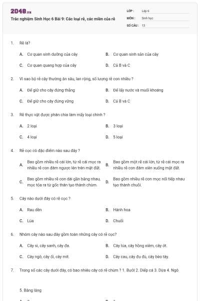 Trắc nghiệm Sinh Học 6 Bài 9: Các loại rễ, các miền của rễ