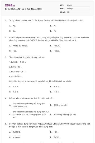 Đề thi Hóa học 12 Học kì 2 có đáp án (Đề 2)