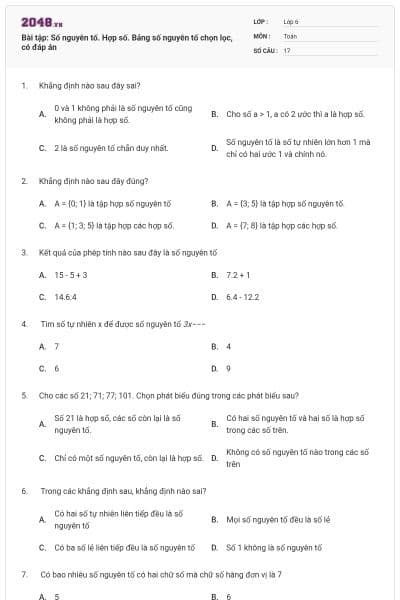 Bài tập: Số nguyên tố. Hợp số. Bảng số nguyên tố chọn lọc, có đáp án