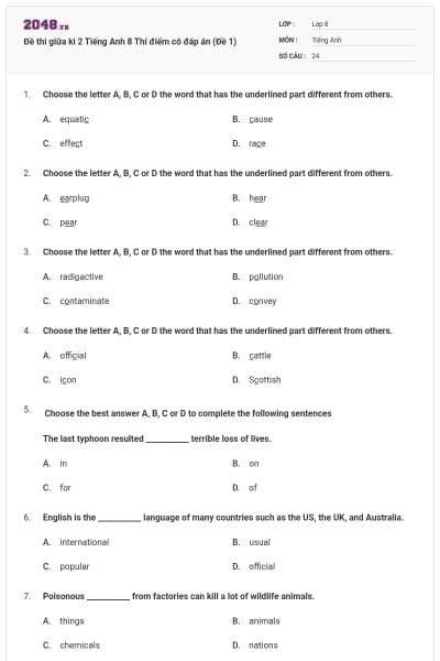 Đề thi giữa kì 2 Tiếng Anh 8 Thí điểm có đáp án (Đề 1)