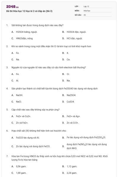 Đề thi Hóa học 12 Học kì 2 có đáp án (Đề 3)