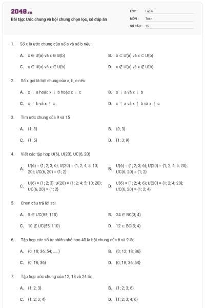 Bài tập: Ước chung và bội chung chọn lọc, có đáp án