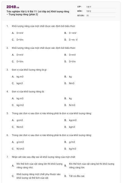 Trắc nghiệm Vật Lí 6 Bài 11: (có đáp án) Khối lượng riêng – Trọng lượng riêng (phần 2)