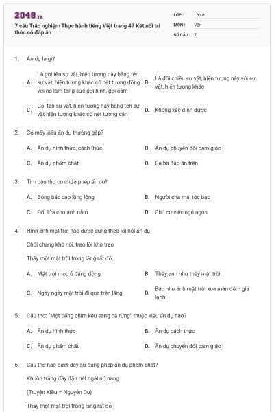 7 câu Trắc nghiệm Thực hành tiếng Việt trang 47 Kết nối tri thức có đáp án