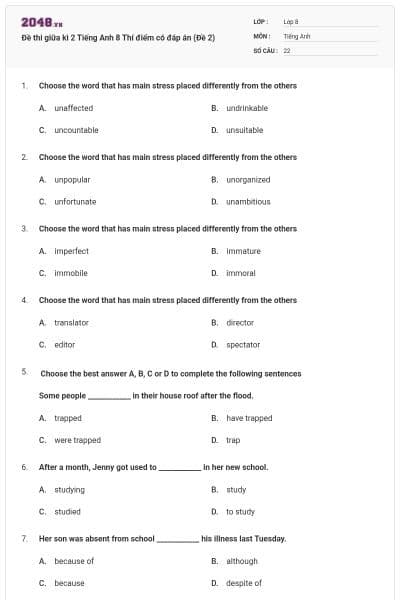 Đề thi giữa kì 2 Tiếng Anh 8 Thí điểm có đáp án (Đề 2)